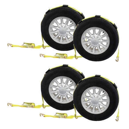 Us Cargo Control Car Carrier Wheel Strap w/ Wire Hooks & Adj Rubber Blocks/Ratchet, 4Pk WNTH32J-4PK